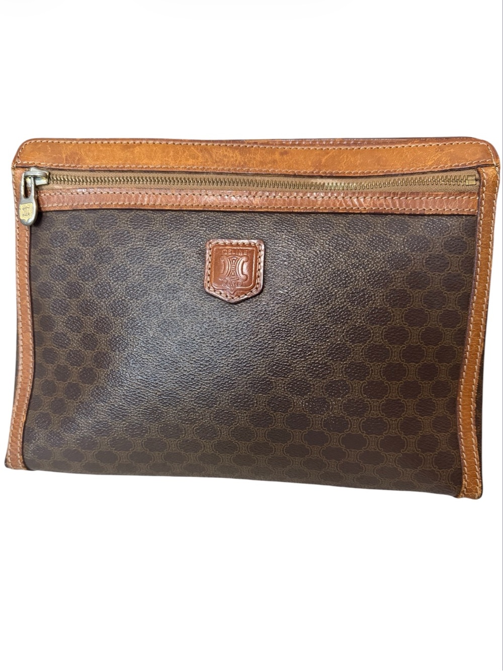 Celine Macadam Canvas Clutch Brown Leather Trim Vintage‎ Designer